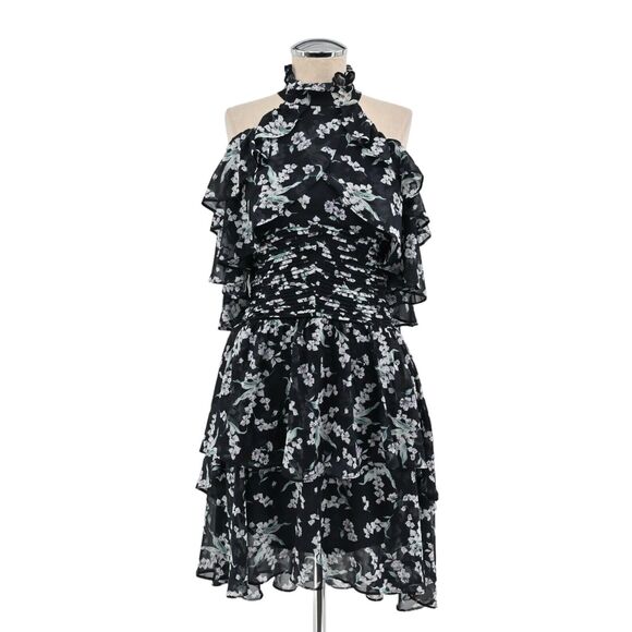 ELLIATT Dress Womens Sz XS Ruffle Mini Navy Blue Floral Cold Shoulder Whimsygoth - Picture 1 of 11